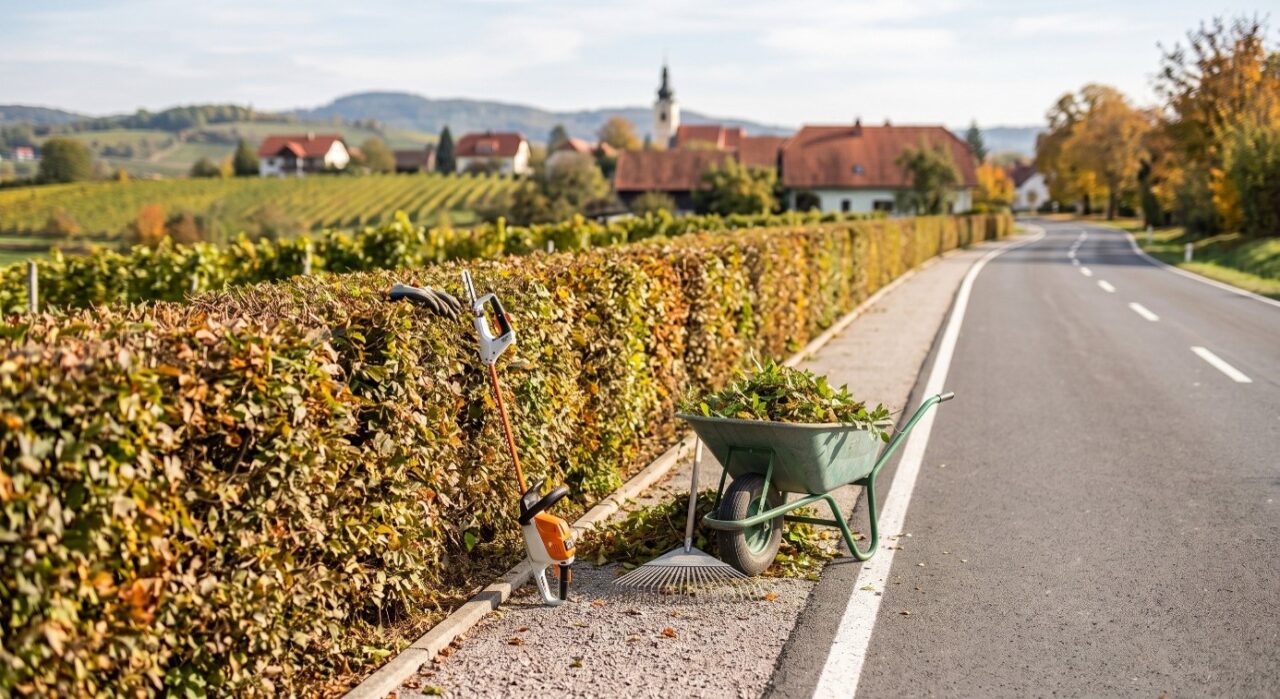 Gartengeräte und Schubkarre mit Schnittgut neben einer Straße mit Weinbergen und Häusern